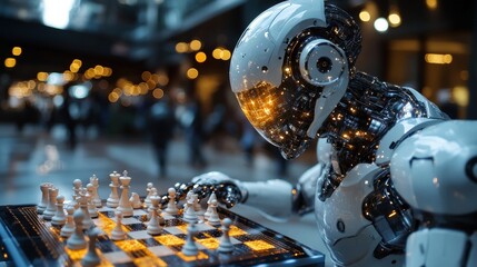 Fototapeta premium Future Bonding: Collaboration between Human-like Robot and Child in a Chess Game Creates Unique Connection and Learning Opportunity