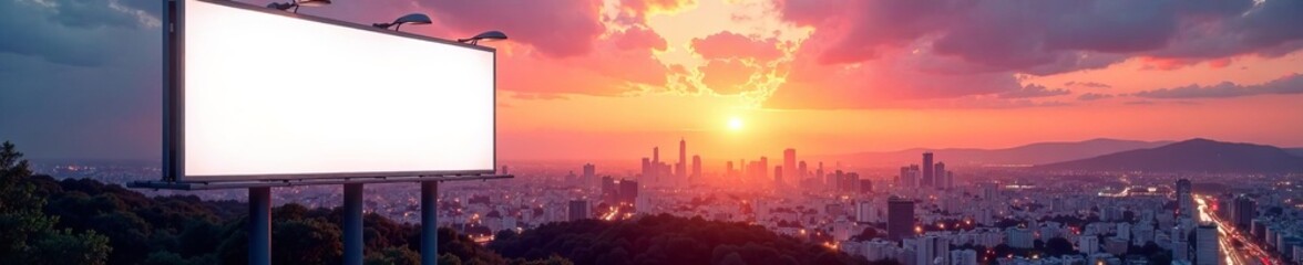 Fototapeta premium A blank billboard at sunset overlooking a vibrant city skyline.