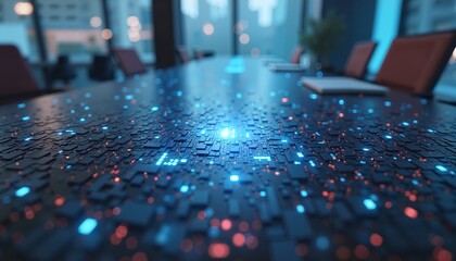 Digital Circuit Board Close-Up in Blue and Red, Futuristic Technology Office Setting