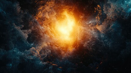 Fototapeta premium A futuristic tunnel made of dark blocks converging towards a bright golden light at the center.