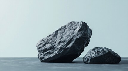 Naklejka premium Two dark rocks balancing on each other creating a minimalist scene