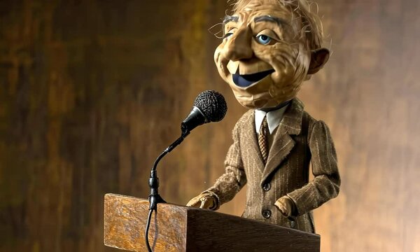 Scary puppet depicting a lying politician, who talks to audience, promise a lot.