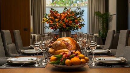 Thanksgiving dining table with roast turkey and a classic autumnal theme