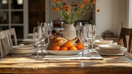 Thanksgiving dining table with roast turkey and a classic autumnal theme