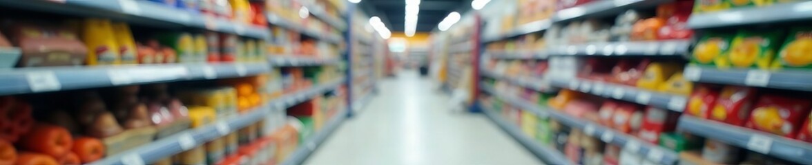 A blurred view of a grocery store aisle filled with colorful food products.