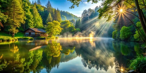 Obraz premium Tranquil lake mirroring lush green forest, serene and picturesque.