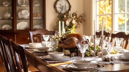 Thanksgiving dining table with roast turkey and a touch of elegance