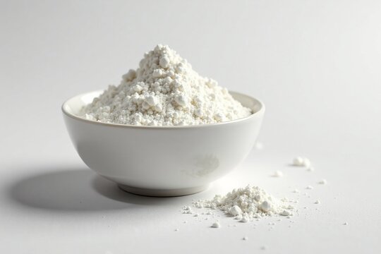 A bowl of white flour with a mound showing the fine texture and purity of the ingredient.