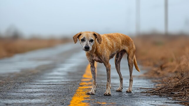 A skeletal stray dog walking along a desolate road its body barely holding on