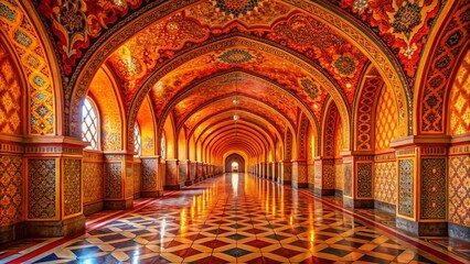 Obraz premium Surreal Panoramic Hallway: Vibrant Orange & Red Arched Ceiling Abstract Interior Design