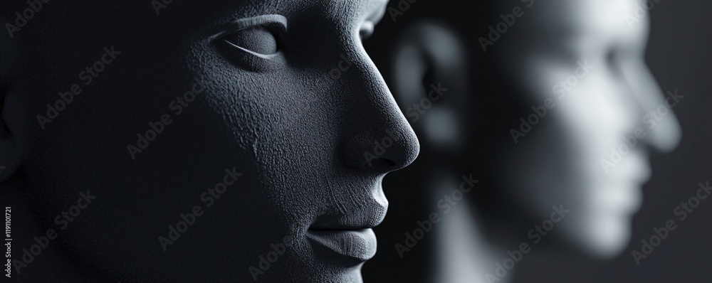 Poster Artificial intelligence: two 3d rendered faces showing emotions in profile