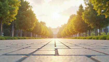 Sunlit pathway in a tranquil park, low angle view, perfect for serenity and tranquility themes