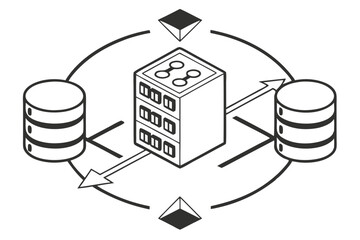 Database symbol, centralized storage icon, data convergence, black and white graphic, minimalist design, cylinders and arrows, information hub, network diagram, simplified tech illustration, data flow