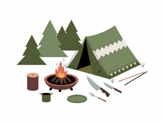 Camping Scene Featuring Tent Fire And Cooking Utensils