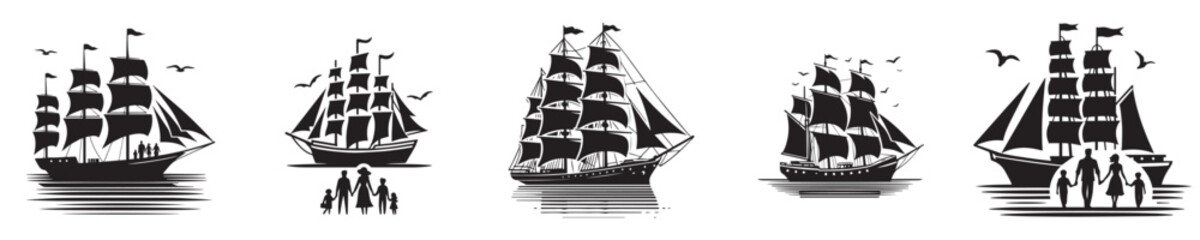 Vector collection of silhouettes of sailing ships anchored