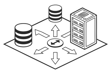 Database symbol, centralized storage icon, data convergence, black and white graphic, minimalist design, cylinders and arrows, information hub, network diagram, simplified tech illustration, data flow