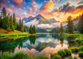 Fototapeta premium Surreal Serene Mountain Lake: Lush Meadows, Dreamlike Landscape