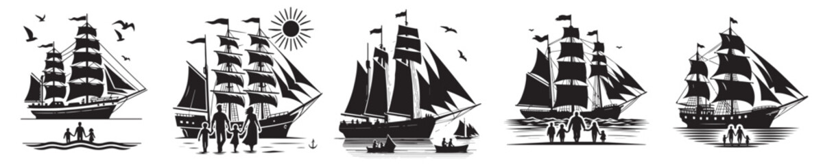 Vector collection of silhouettes of sailing ships anchored