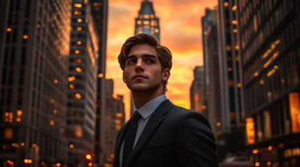 Ambitious Young Man in the City at Sunset