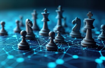 Chess pieces arranged on network board. Futuristic tech theme. Strategy game concept. Global network digital board. AI-powered chess game. Competitive game. Abstract futuristic art. Business