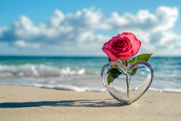 a rose in a heart shaped vase on the beach
