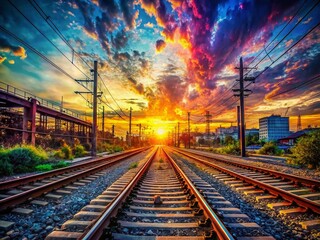 Obraz premium Surreal Sunset: Industrial Train Tracks Digital Overlay Stock Photo