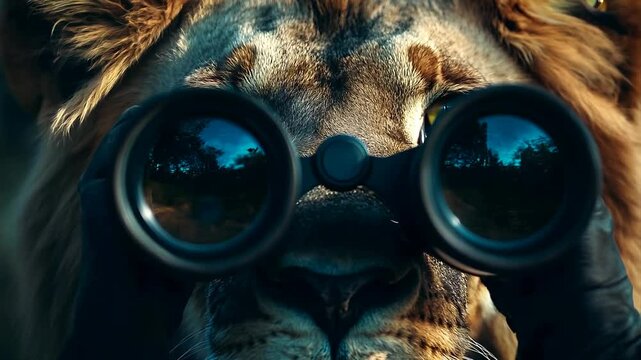 Lion Watching Safari Through Binoculars in Wildlife Close-Up