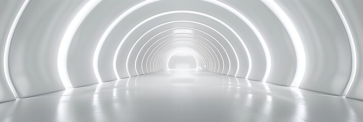 Obraz premium Futuristic white tunnel with glowing neon lights. Clean, minimalist corridor with bright illumination. Ideal for modern backgrounds and technology themes. Fictional.