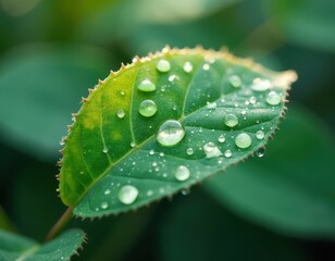 Drops on green leaves. Single green leave against a clean white background. Earth Day