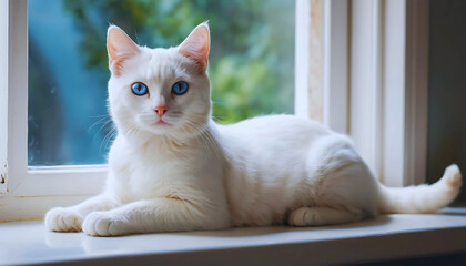 cat on a window sill, Enter a world of feline charm as a white cute cat perches gracefully on a table, with a window in the background offering a glimpse of the outside world, its mesmerizing blue eye