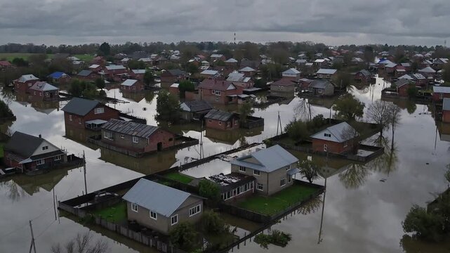 Flooding in residential area after heavy rainfall with houses submerged in water and debris scattered across the landscape