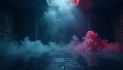 Obraz premium A moody, atmospheric space filled with colorful smoke and lighting effects.