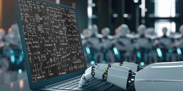 Mathematic equations and brisk formula on computer screen showing concept of science and education