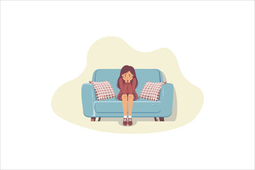 Sad woman sitting on sofa in flat design. unhappy female worrying about her problem.