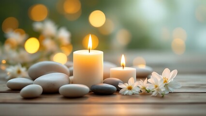 Zen stones, candles and white flower on beige background witn copy space, wellness and harmony, massage and bodycare, spa and wellness concept