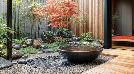 Tranquil Zen Garden with Bamboo Fountain and Raked Gravel Patterns Surrounded by Maple Trees