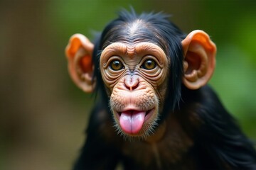 A playful baby chimpanzee sticking out its tongue in a lush green environment.