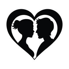 Romantic Silhouette in Heart Shape. Valentine Couple Love Illustration.  Couple in Love Silhouette Inside a Heart.  Valentine's Day Couple in Heart Embrace.