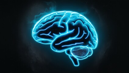 Bright blue illustration of a human brain illuminated against a black background, highlighting intricate neural pathways and connections.