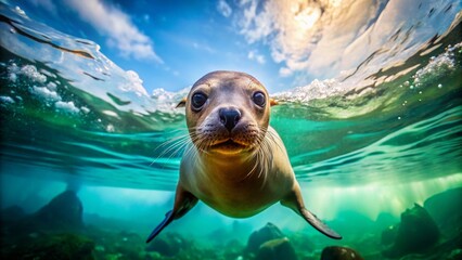 Fototapeta premium Svalbard Sea Lion: Underwater Arctic Wildlife Photography with Bokeh Effect