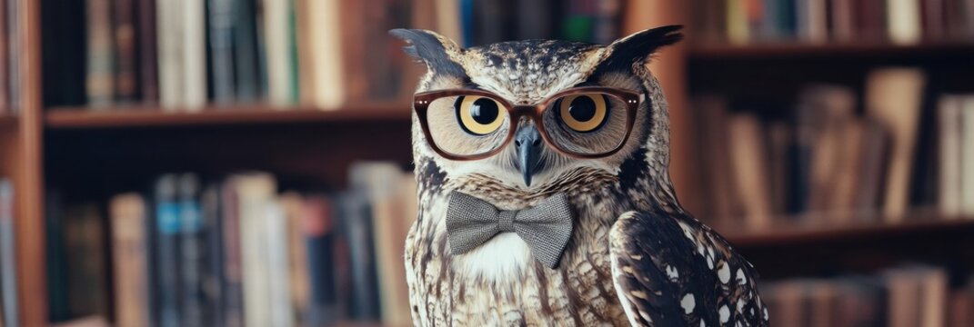 Owl wearing glasses and a bow tie posed elegantly in front of a grand bookshelf full of books and knowledge. Generative AI