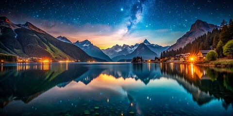 Swiss Lake Mountain Range Night Landscape - Dark Moody Alpine Scenery