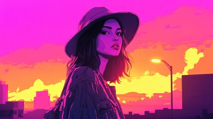 Stylish Woman in Hat Against Vibrant Sunset Cityscape