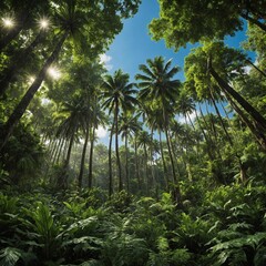A serene panorama banner showcasing a lush tropical forest landscape, perfect for conveying themes of environmental ecology and sustainable energy. 