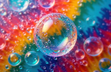 Colorful abstract macro photo of soap bubbles. Rainbow colors, patterns create vibrant effect. Intricate details, iridescent light reflections. Liquid structures show light refraction. Modern art