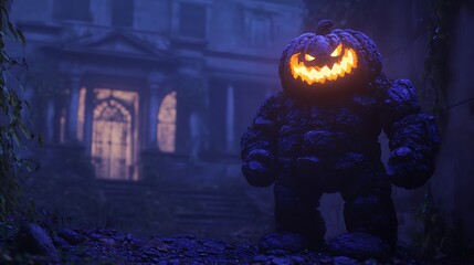 Stone golem with a pumpkin head glowing near an old, spooky mansion