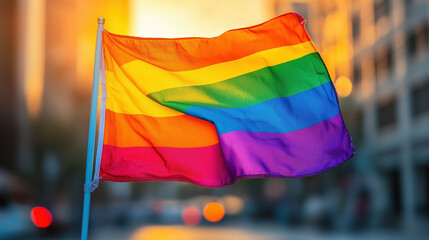 Colorful pride flag waving on a city street during a vibrant sunset