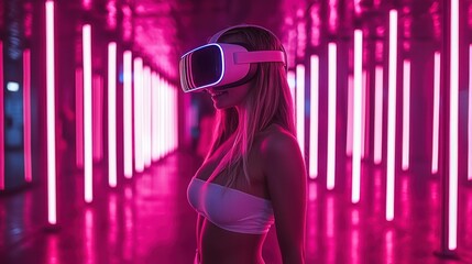 Woman in VR Headset Amidst Neon Lights