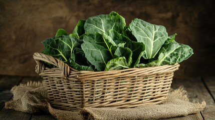 A rustic wooden basket filled with fresh collard greens, isolated on a textured burlap background