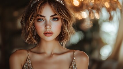 Confident Flapper Girl Posing Under Ornate Art Deco Chandelier in Vintage Setting © Thares2020